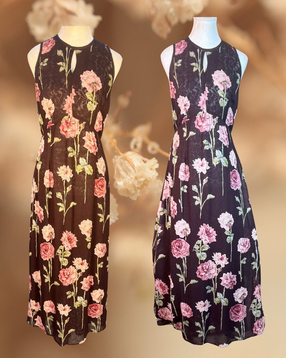 Vintage 90s Nostalgia Brown Pink Rose Boho Whimsy Goth Grunge Lace Midi Dress L